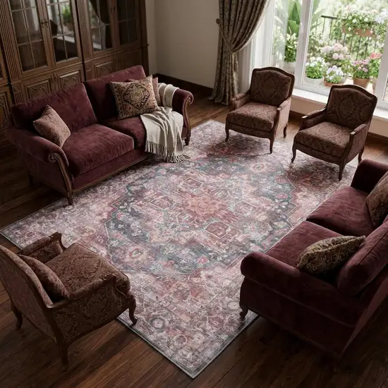 Red Floral Power Loom Distressed Washable Area Rug Photo 1