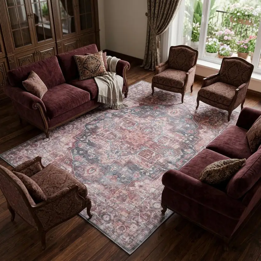 Red Floral Power Loom Distressed Washable Area Rug Photo 1