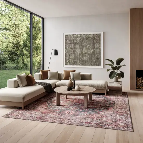 Red Floral Power Loom Distressed Washable Area Rug Photo 3