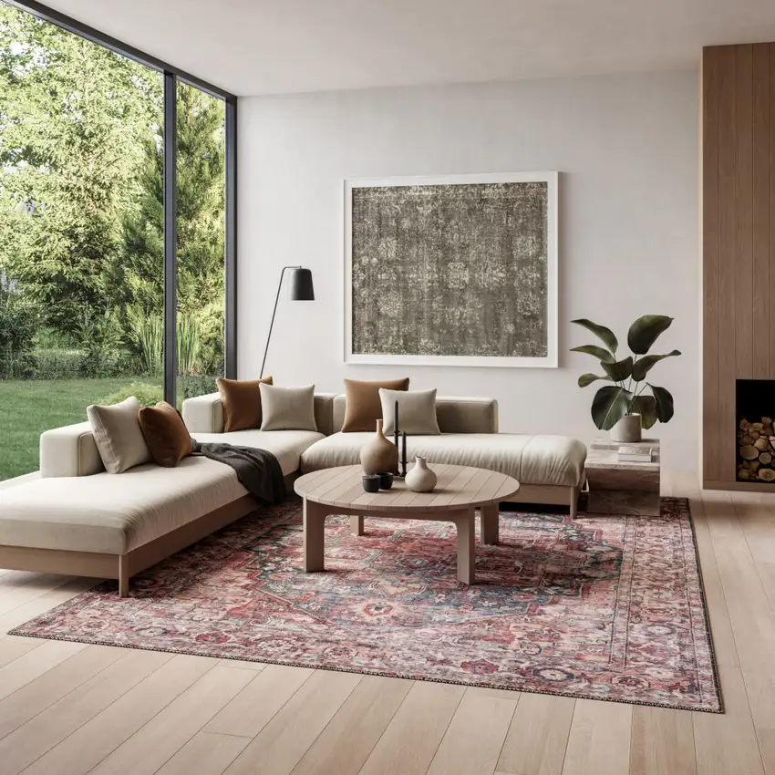 Red Floral Power Loom Distressed Washable Area Rug Photo 3