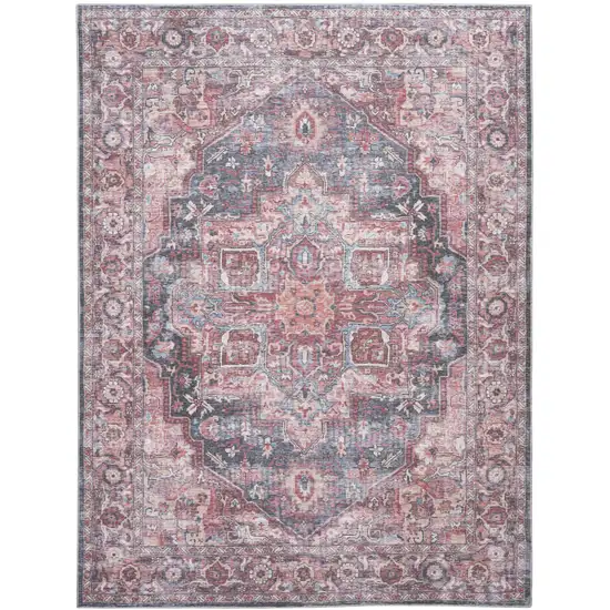 Red Floral Power Loom Distressed Washable Area Rug Photo 9