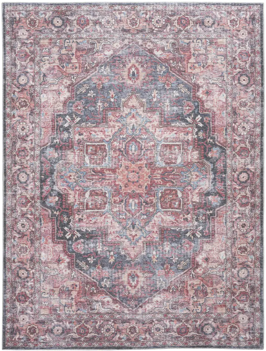 Red Floral Power Loom Distressed Washable Area Rug Photo 1
