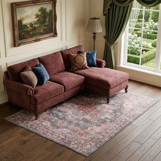 Red Floral Power Loom Distressed Washable Area Rug Photo 1