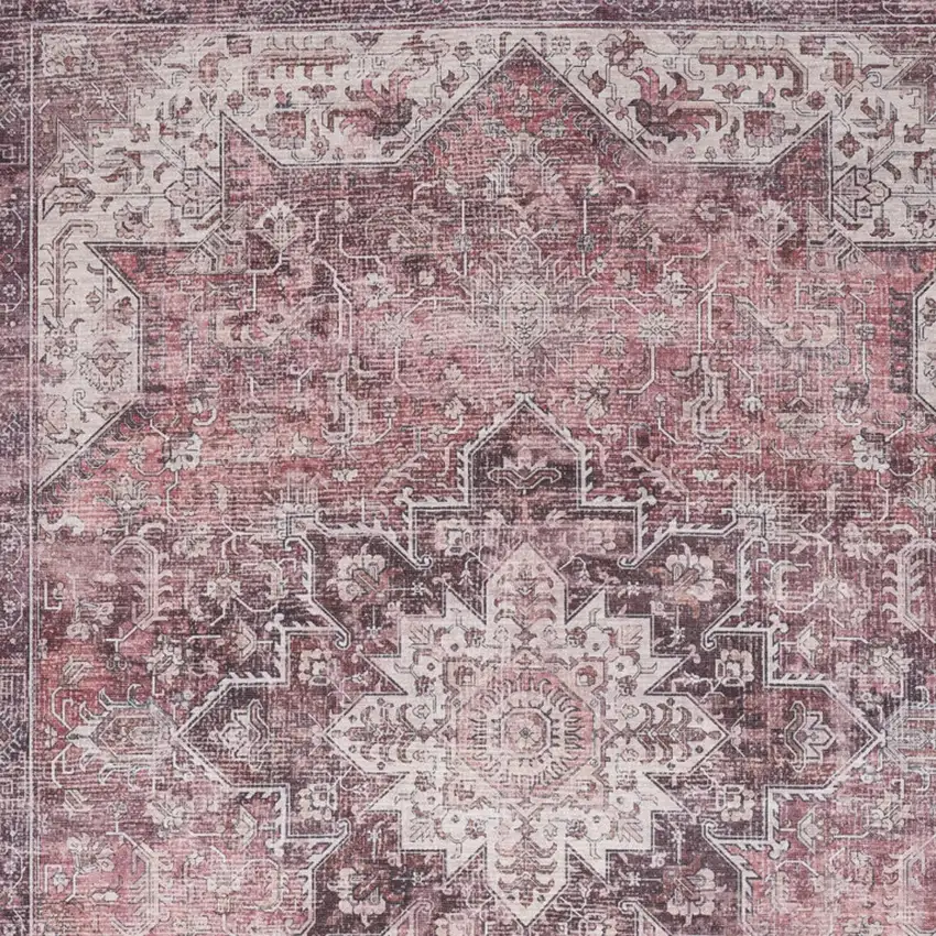 Red Floral Power Loom Worn Faded Non Skid Area Rug Photo 8