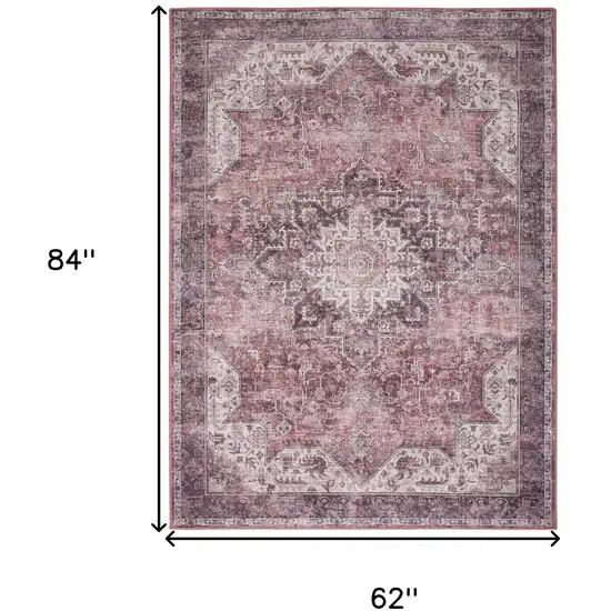 Red Floral Power Loom Worn Faded Non Skid Area Rug Photo 3