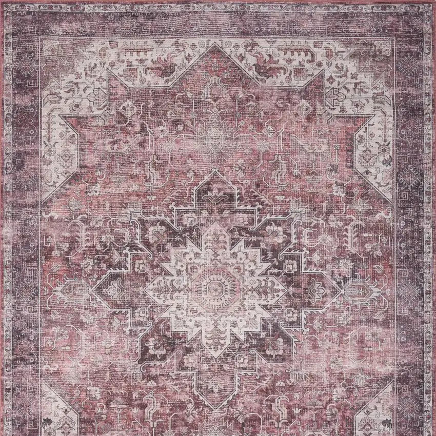 Red Floral Power Loom Worn Faded Non Skid Area Rug Photo 9
