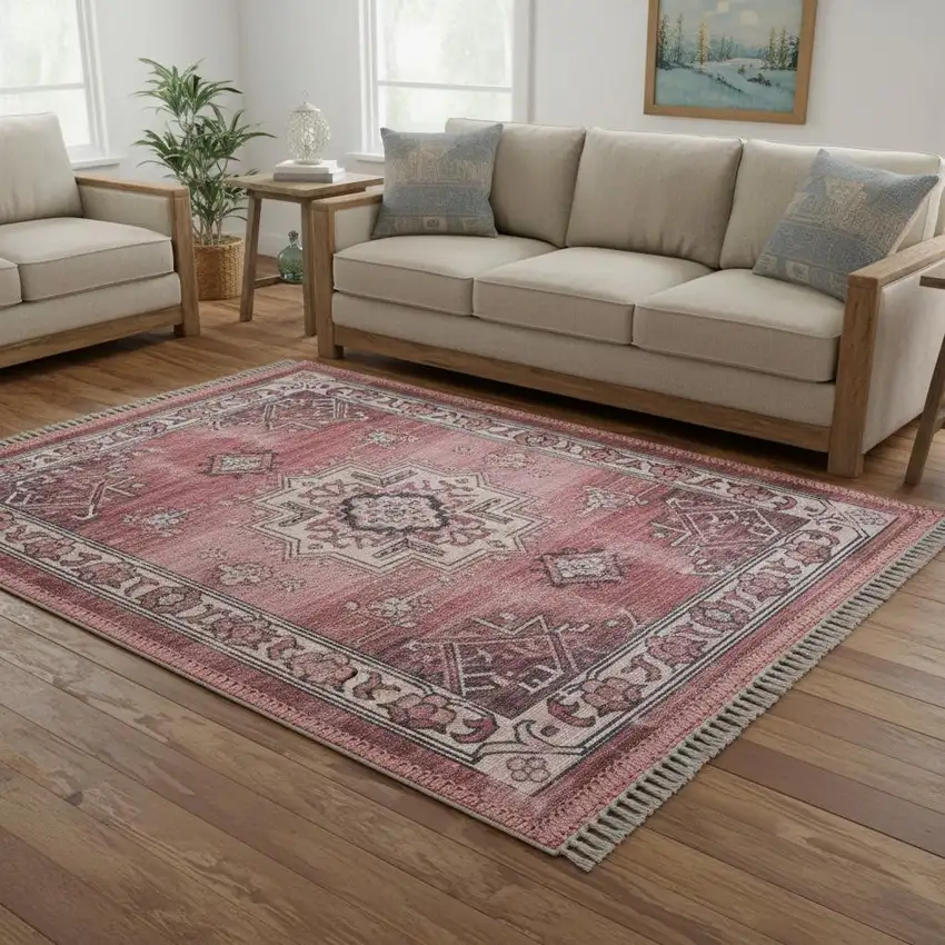 Red Floral Power Loom Worn Faded Non Skid Area Rug Photo 1