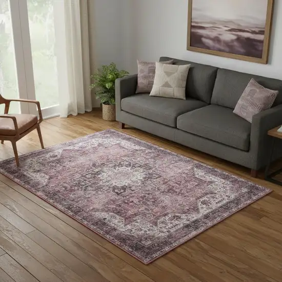 Red Floral Power Loom Worn Faded Non Skid Area Rug Photo 1