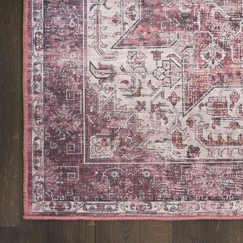 Red Floral Power Loom Worn Faded Non Skid Area Rug Photo 9