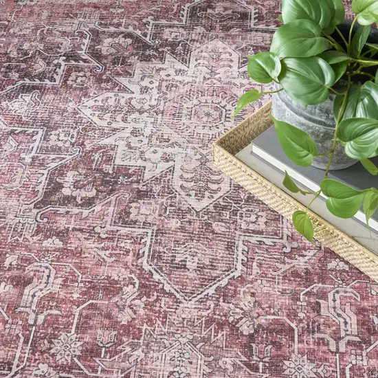 Red Floral Power Loom Worn Faded Non Skid Area Rug Photo 4