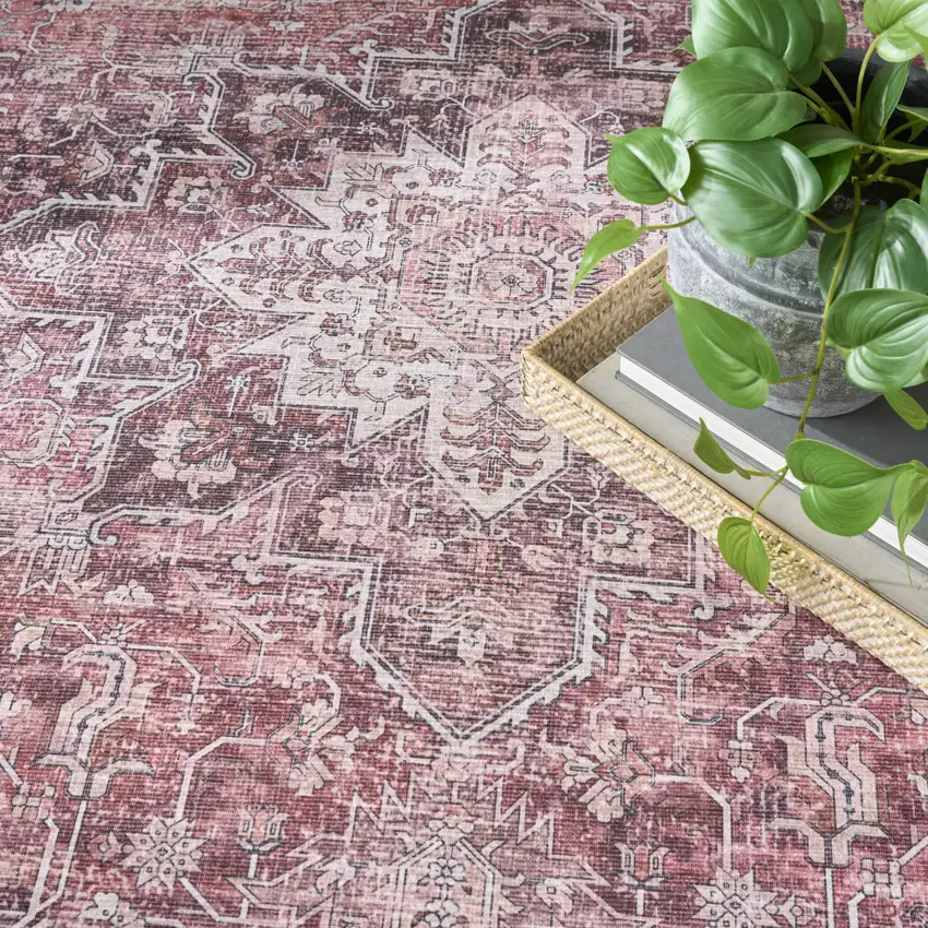 Red Floral Power Loom Worn Faded Non Skid Area Rug Photo 4