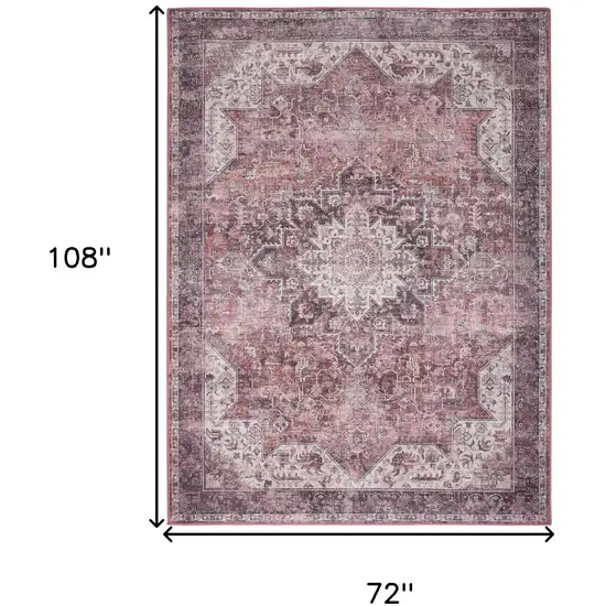 Red Floral Power Loom Worn Faded Non Skid Area Rug Photo 3