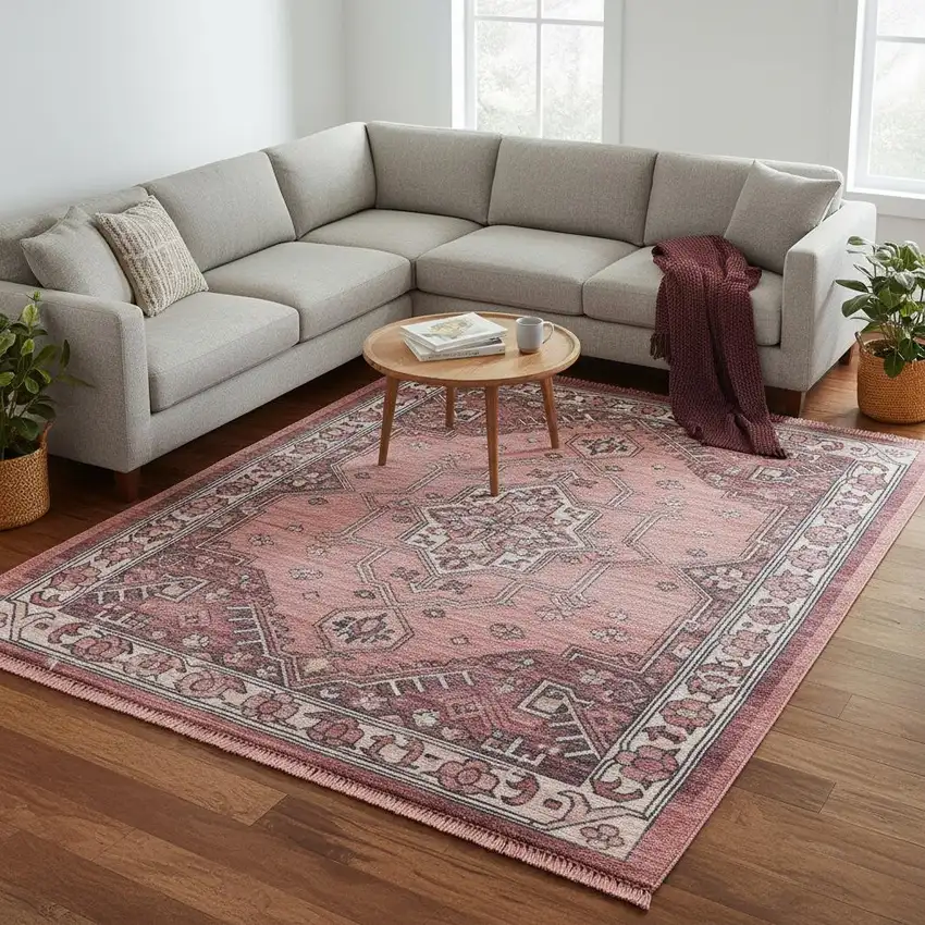 Red Floral Power Loom Worn Faded Non Skid Area Rug Photo 1