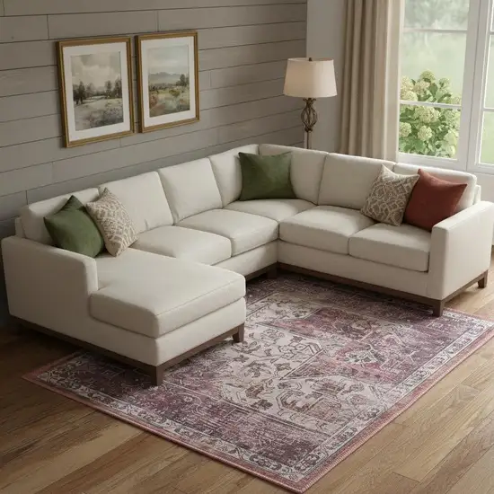 Red Floral Power Loom Worn Faded Non Skid Area Rug Photo 1