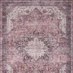 Photo of Red Floral Power Loom Worn Faded Non Skid Area Rug
