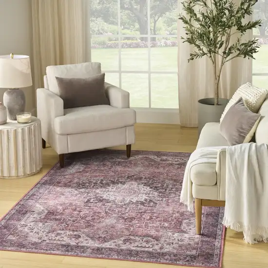 Red Floral Power Loom Worn Faded Non Skid Area Rug Photo 6