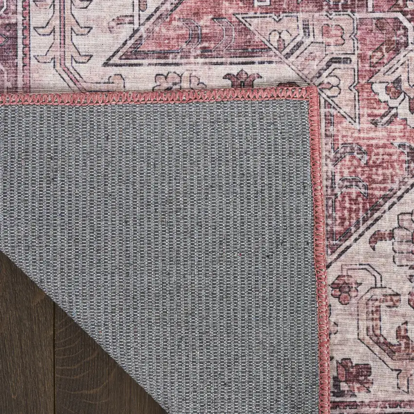 Red Floral Power Loom Worn Faded Non Skid Area Rug Photo 9