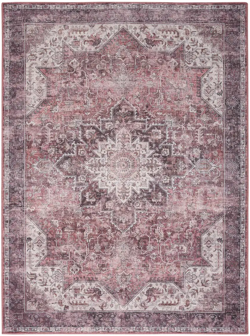 Red Floral Power Loom Worn Faded Non Skid Area Rug Photo 7