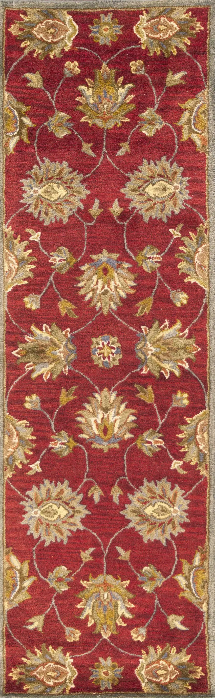 Red Floral Vines Bordered Wool Runner Rug Photo 1