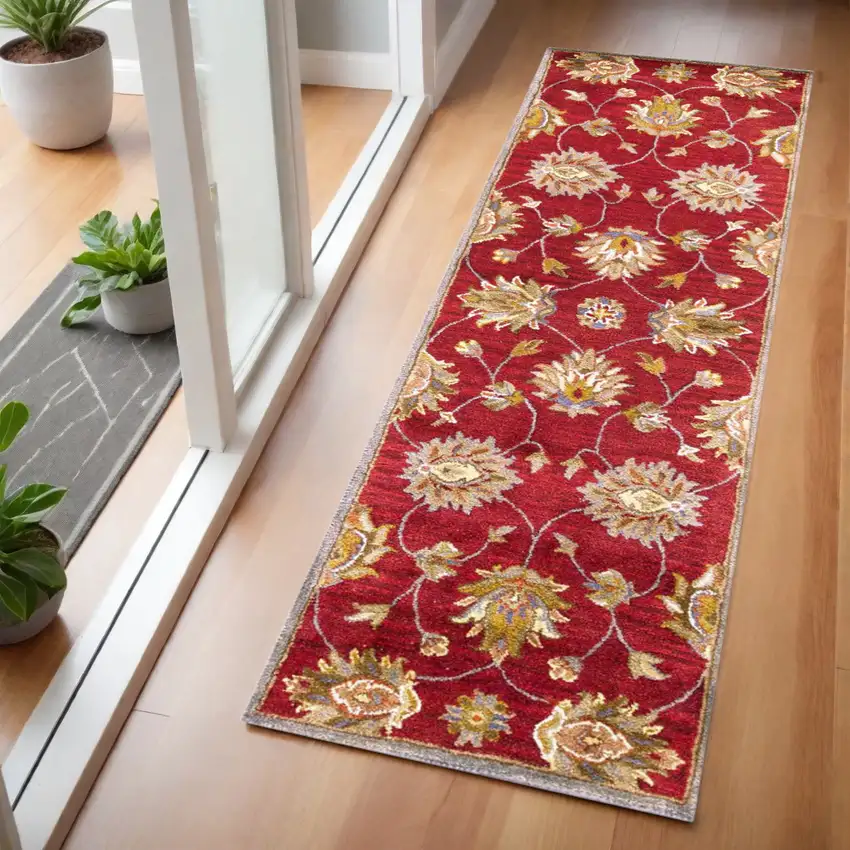 7' Red Ivory And Brown Wool Floral Hand Tufted Runner Rug Photo 1