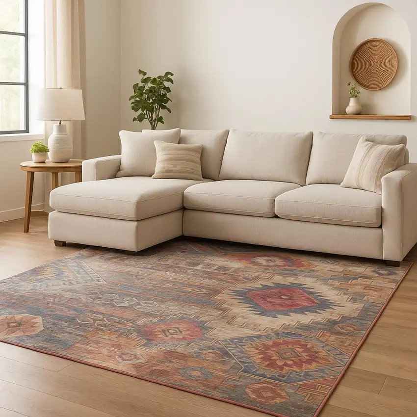 Red Geometric Distressed Area Rug Photo 1