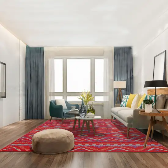 Red Geometric Machine Braided Distressed Area Rug With UV Protection Photo 6