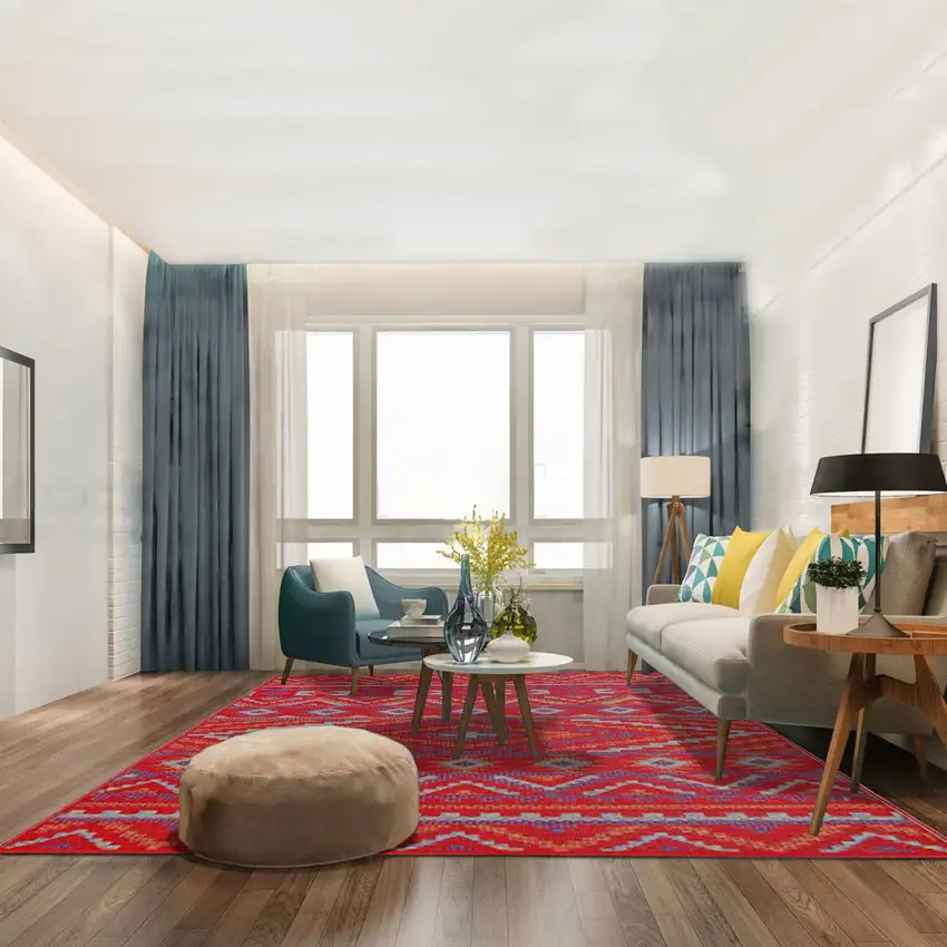 Red Geometric Machine Braided Distressed Area Rug With UV Protection Photo 6