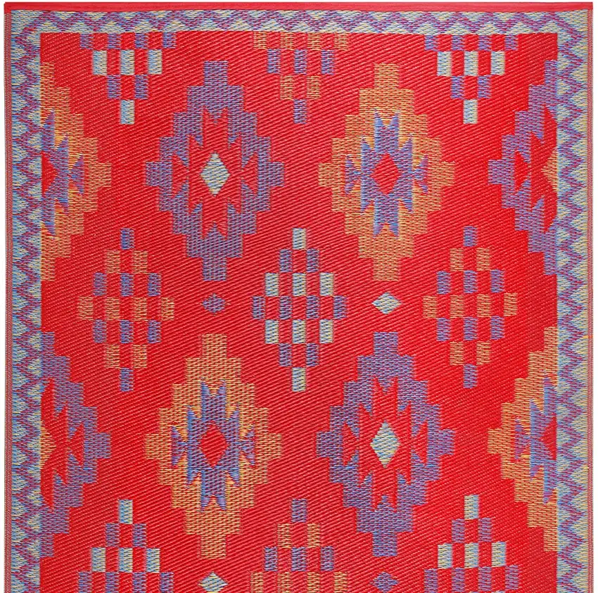 Red Geometric Machine Braided Distressed Area Rug With UV Protection Photo 6