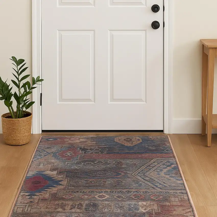 Red Geometric Power Loom Worn Faded Area Rug Photo 1