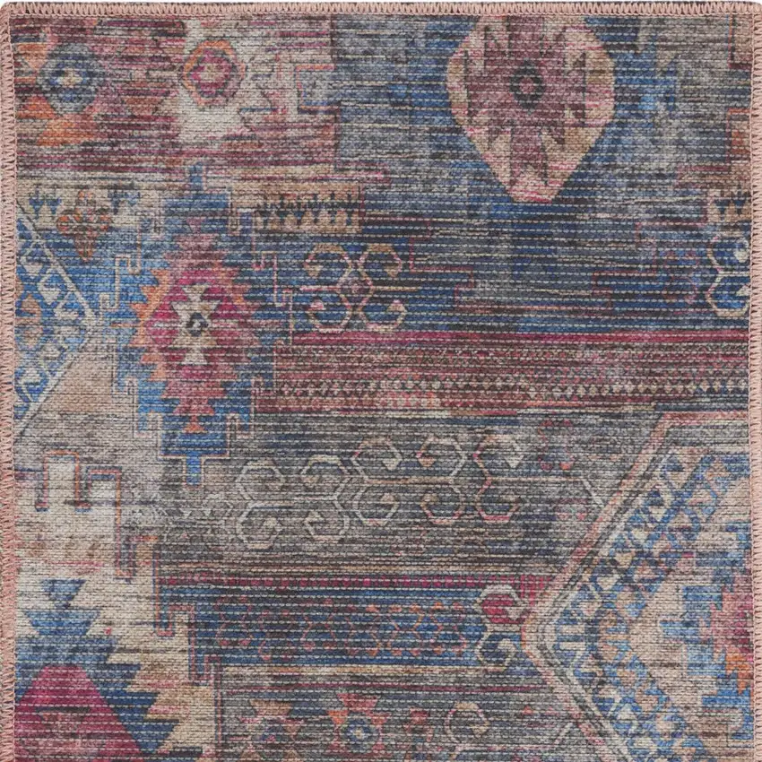 Red Geometric Power Loom Worn Faded Area Rug Photo 8