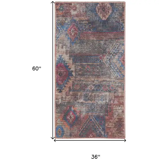 Red Geometric Power Loom Worn Faded Area Rug Photo 3
