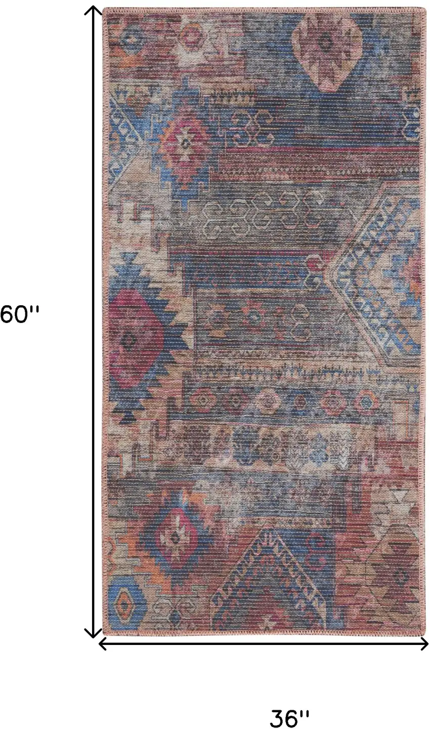 Red Geometric Power Loom Worn Faded Area Rug Photo 3