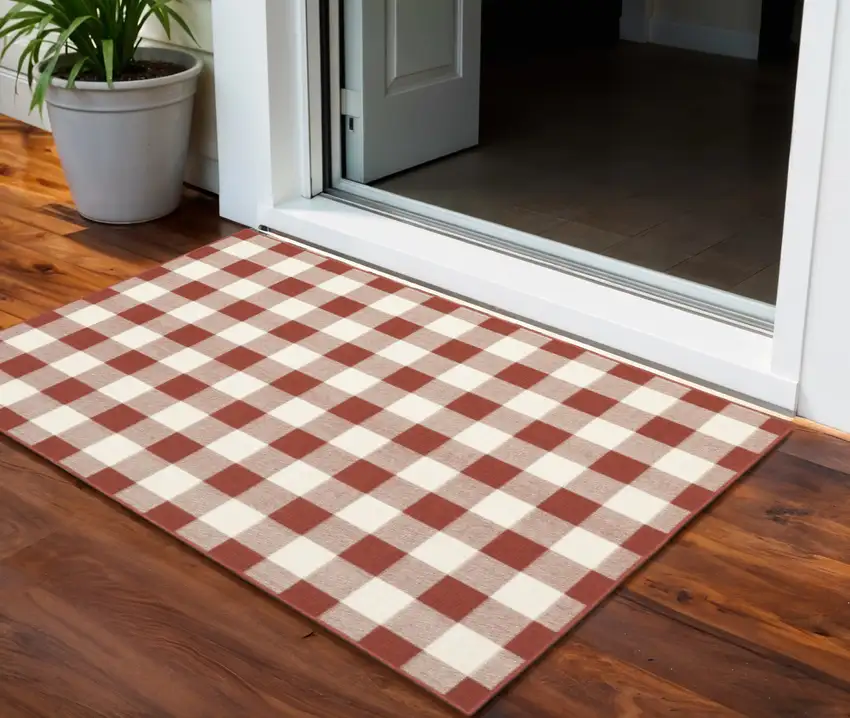 Red and Ivory Geometric Stain Resistant Indoor Outdoor Area Rug Photo 1