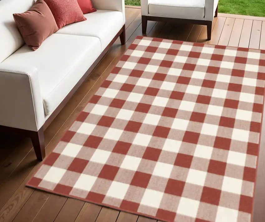 Red and Ivory Geometric Stain Resistant Indoor Outdoor Area Rug Photo 1
