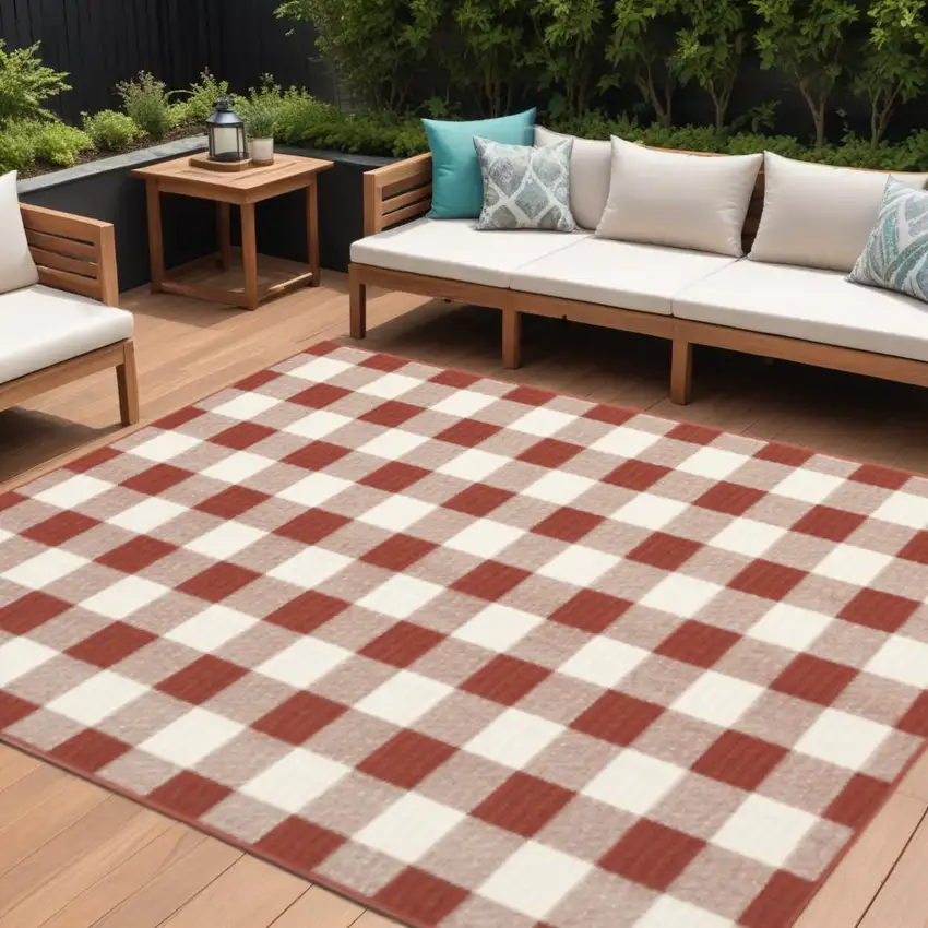Red and Ivory Geometric Stain Resistant Indoor Outdoor Area Rug Photo 1
