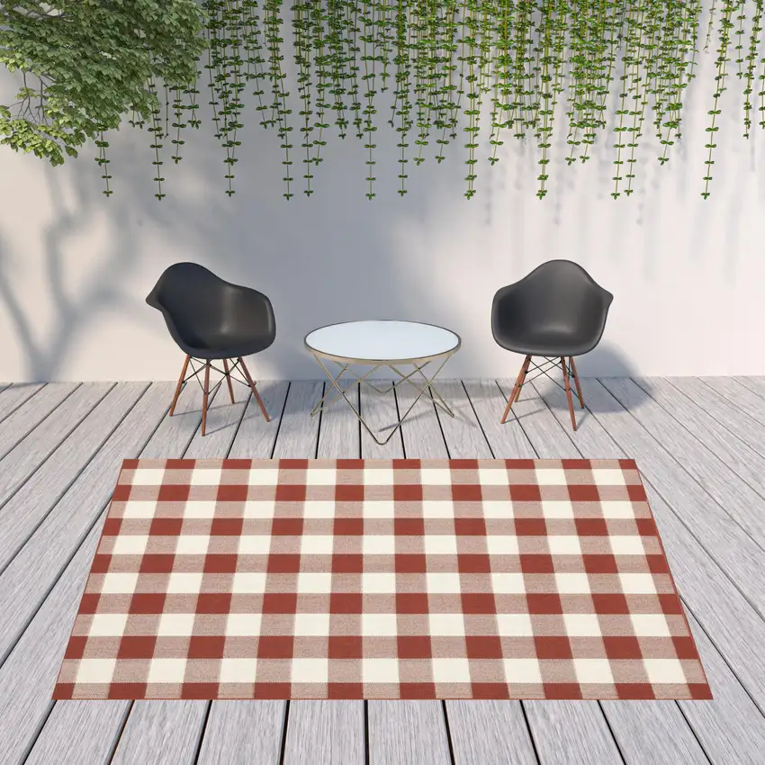 Red Geometric Stain Resistant Indoor Outdoor Area Rug Photo 2