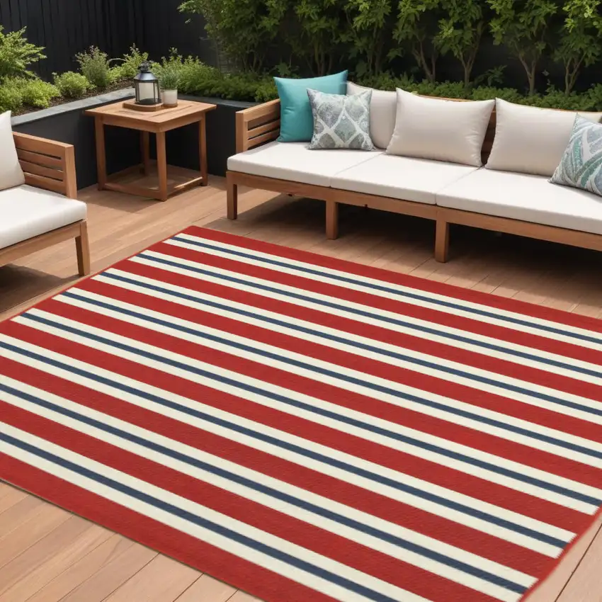 Red and Ivory Geometric Stain Resistant Indoor Outdoor Area Rug Photo 1