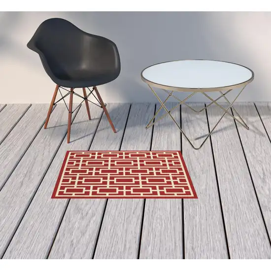 Red Geometric Stain Resistant Indoor Outdoor Area Rug Photo 2