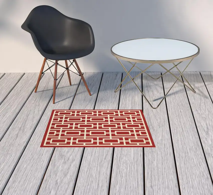 Red Geometric Stain Resistant Indoor Outdoor Area Rug Photo 2