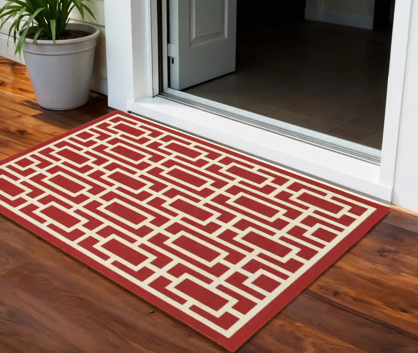 Red and Ivory Geometric Stain Resistant Indoor Outdoor Area Rug Photo 1