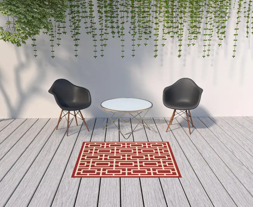 Red Geometric Stain Resistant Indoor Outdoor Area Rug Photo 2