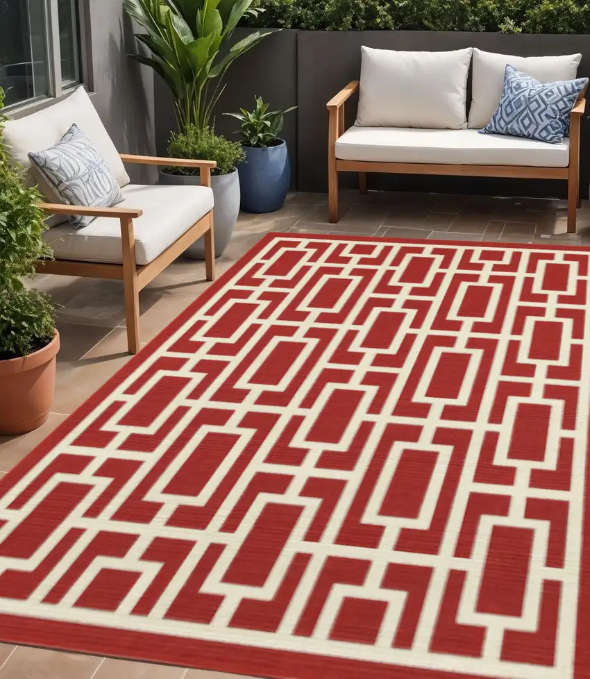 Red and Ivory Geometric Stain Resistant Indoor Outdoor Area Rug Photo 1