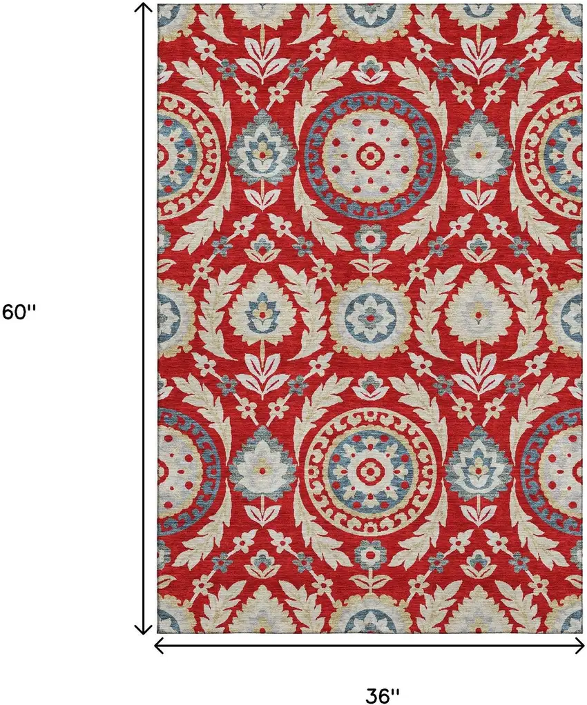 Red Gold And Blue Floral Washable Area Rug With UV Protection Photo 3