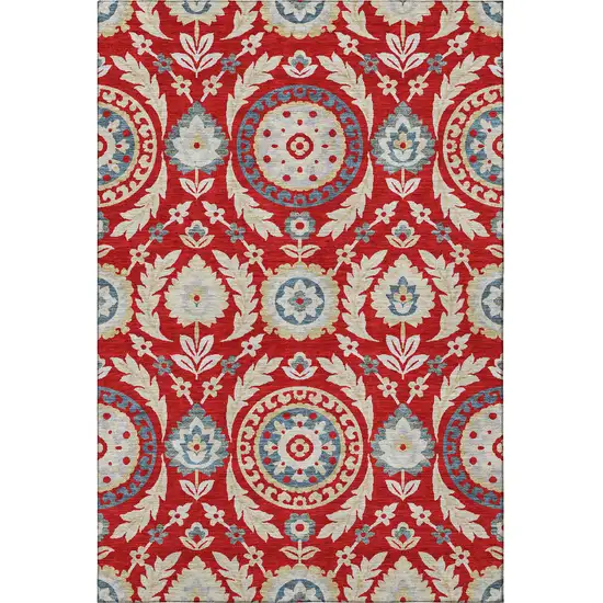 Red Gold And Blue Floral Washable Area Rug With UV Protection Photo 4