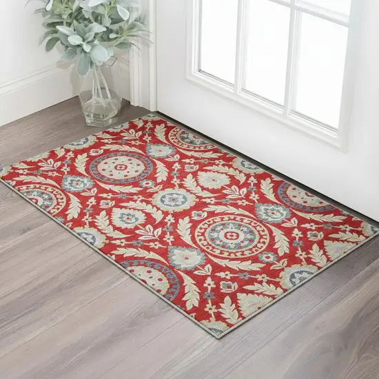 Red Gold And Blue Floral Washable Area Rug With UV Protection Photo 2