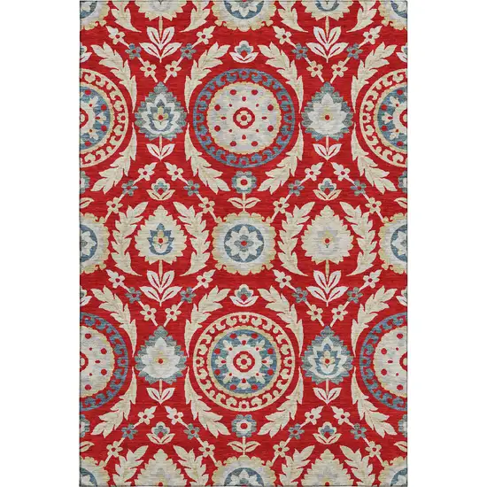 Red Gold And Blue Floral Washable Area Rug With UV Protection Photo 1