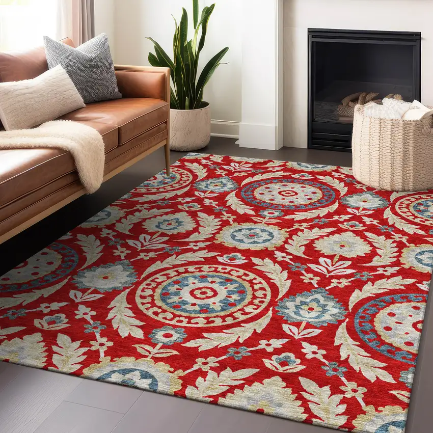 Red Gold And Blue Floral Washable Area Rug With UV Protection Photo 6