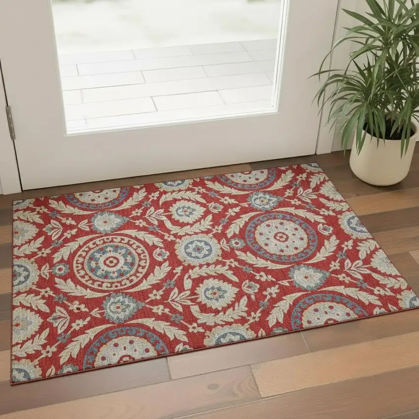 Red Gold And Blue Floral Washable Area Rug With UV Protection Photo 1