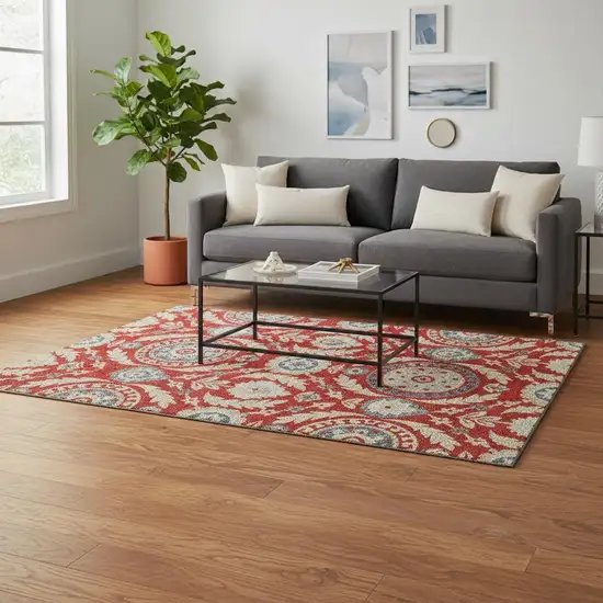 Red Gold And Blue Floral Washable Area Rug With UV Protection Photo 2