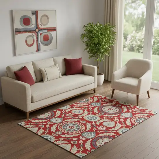 Red Gold And Blue Floral Washable Area Rug With UV Protection Photo 1